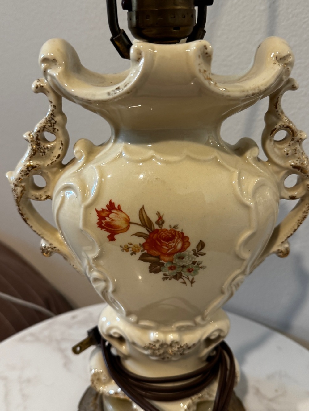 Ornate Cream Porcelain Table Lamp with Rose Motif